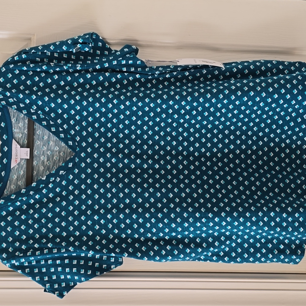 LIZ CLAIBORNE WOMENS SHORT SLEEVES SUMMER V-NECK TEAL SYMMETRICAL TOP SIZE LARGE